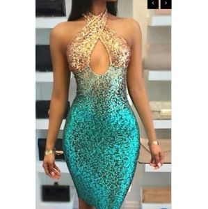 Rose Gold to Turquoise Sequin  Halter Dress